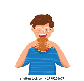 Kid Biting Burger Fast Food Vector Illustration. Colorful Cartoon Style Concept Of Happy Hungry Boy Eating Launch And Holding Hamburger In His Hands For Advertising, Restaurant Menu. Design Template