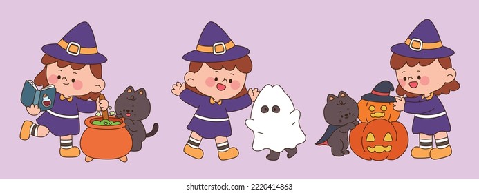 Kid and black cat characters in Halloween costume. Hand drawn style vector illustration.