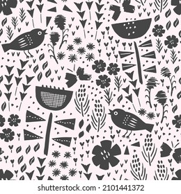 Kid black flower, butterfly and bird summer seamless pattern. Vector background. Wrapping. Surface design.