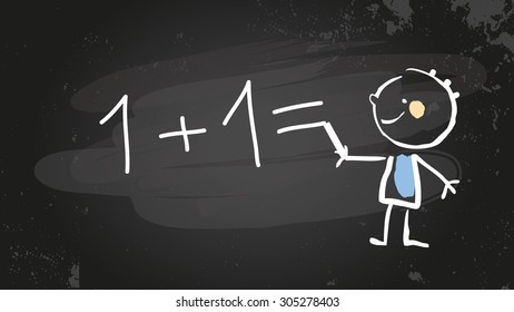 Kid at blackboard writing math, numbers. Educational vector illustration, chalk doodle on chalkboard. 