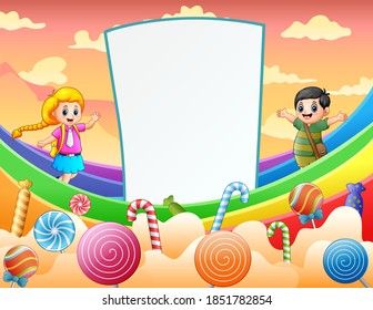 Kid and blank sign on rainbow illustration