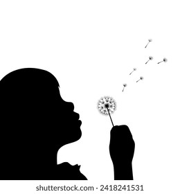 Kid blowing dandelion silhouette, little girl blowing dandelion seeds