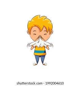 Kid blowing his nose, cute child sneezing