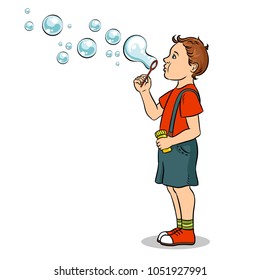 Kid blowing soap bubbles pop art retro vector illustration. Isolated image on white background. Comic book style imitation.