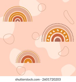 Kid boho seamless pattern with rainbows simple forms and lines spots.