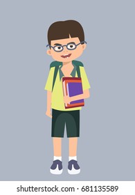 kid with books going to school - funny vector cartoon illustration