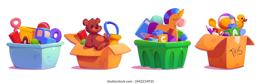 Caja de niños con juguete de oso, bola y caricatura de coche infantil. Colección completa del cofre del regalo para jugar en el jardín de infantes para el conjunto del clipart del niño aislado sobre fondo blanco. Peluche viejo y animales rellenos en paquete