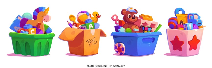 Kid box with bear toy, ball and child car cartoon. Full gift chest collection to play in kindergarten for toddler clipart set isolated on white background. Old teddy and animals stuffed in package