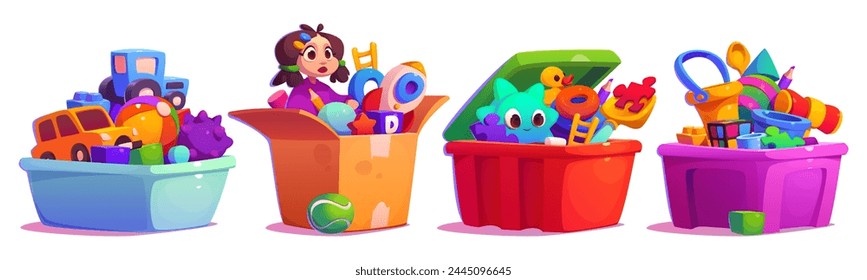 Kid box with doll, ball and child car cartoon. Full gift chest collection to play in kindergarten for toddler clipart set isolated on white background. Old rocket and plastic toys in package