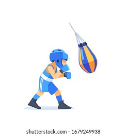 Kid boxer with bags of sand Boxing, exercising. Fitness, sport, exercise, will power and the concept of lifestyle. Cartoon vector illustration on white background