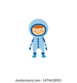 Kid boy astronaut or cosmonaut in space suit and helm cartoon character a flat vector illustration isolated on white background. Little child playing in the astronauts.