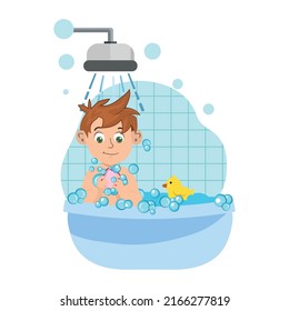 kid boy bath wash vector illustration.