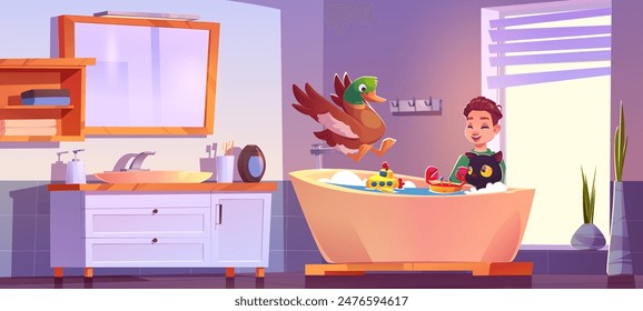 Kid boy in bathroom bathe cat and duck with toys in tub with water and foam. Cartoon vector sink, mirror and furniture, window with blinds in home toilet room. Child with kitty and bird pets have fun.
