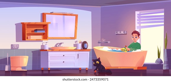 Kid boy in bathroom play with toy submarine near tub full of water and his cat playing ball in room. Cartoon vector home inside with toilet and sink, mirror and furniture. Child and pet have fun.