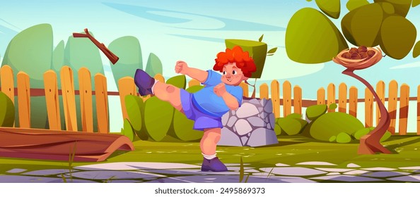 Kid boy break tree branch using karate kick and hold hand in fists on backyard with green grass and tree and wooden fence on sunny summer day. Cartoon vector child training or playing outdoor.