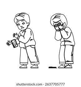 kid boy broken phone vector. warranty protection, accident damage, cracked shattered replacement kid boy broken phone character. people black line pencil drawing illustration