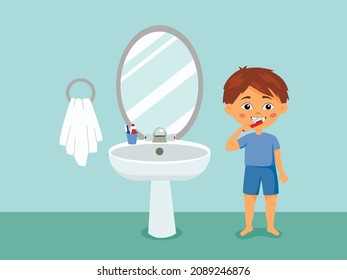 Un niño cepilla dientes limpios. Ilustración del vector