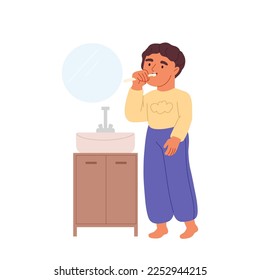 Kid boy brushing teeth in bathroom. Small schoolboy doing hygiene procedures for dental health. Morning routine for child concept. Cartoon flat vector illustration