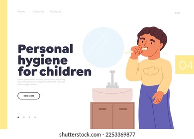 Kid boy brushing teeth in bathroom. Small schoolboy doing hygiene procedures for dental health. Morning routine for child concept. Cartoon flat vector illustration