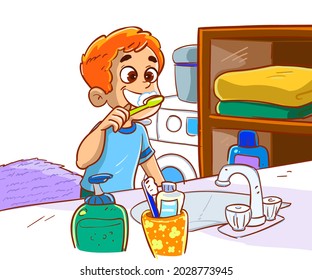 Kid Boy Brushing Teeth Vector Illustration Stock Vector (royalty Free 