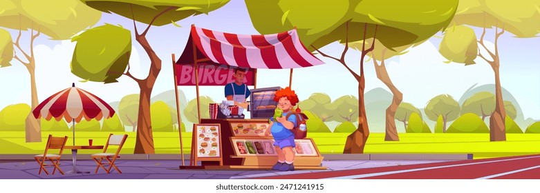 Kid Boy kaufen Packung Snacks am Schnellimbiss im öffentlichen Park am Sommertag. Cartoon Vektorillustration von Kind mit Rucksack in der Nähe von Stand mit Burger. Outdoor-Straßencafé mit Tisch und Stuhl.