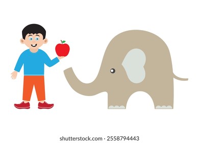 kid boy cartoon character give red apple fruit to small elephant icon