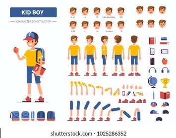Kid boy character constructor for animation. Front, side and back view. Flat cartoon style vector illustration isolated on white background. Kid boy character constructor for animation. Front, side and back view. Flat cartoon style vector illustration isolated on white background.