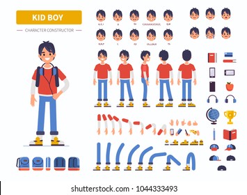 Kid boy character constructor for animation. Front, side and back view. Flat cartoon style vector illustration isolated on white background. Kid boy character constructor for animation. Front, side and back view. Flat cartoon style vector illustration isolated on white background.