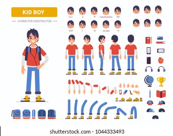 Kid boy character constructor for animation. Front, side and back view. Flat  cartoon style vector illustration isolated on white background.  