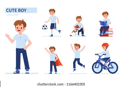 Kid Boy Character In Different Poses. Flat Cartoon Style Vector Illustration Isolated On White Background.