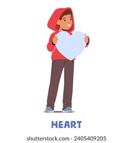 Kid Boy Character Holds A Heart Shape, Exploring Fun Side Of Geometry, Where Shapes Become An Adventure In Learning, Merging Curiosity With Wonders Of Mathematics. Cartoon People Vector Illustration