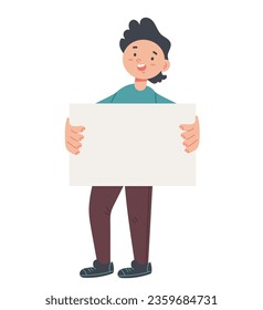 Kid boy child cute character hold sign banner placard concept. Vector flat graphic design illustration