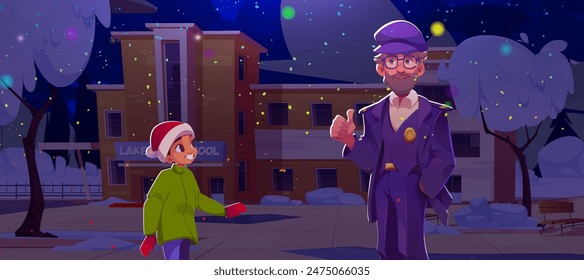 Kid boy in Christmas Santa hat and police officer with thumbs up hand gesture standing on yard in front of closed school building at winter night. Cartoon vector guard and protection in city.