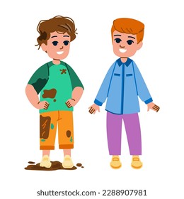 kid boy clean dirty vector. child children, wash house, room beach, messy ing, girl trash kid boy clean dirty character. people flat cartoon illustration