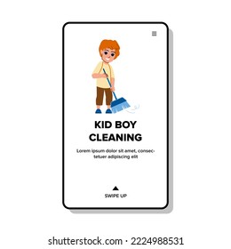 kid boy cleaning vector. child room, home little, clean floor, children cute, happy trash kid boy cleaning web flat cartoon illustration