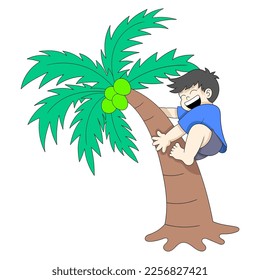 kid boy is climbing a coconut tree. vector design illustration art