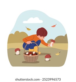 Kid boy collects mushrooms in the forest. Vector flat style cartoon  illustration