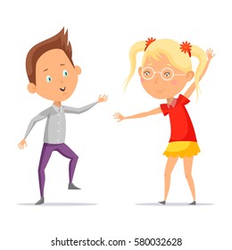 Kid or boy dancing or greeting girl in skirt with pigtails and glasses. Child dancer at dico or party, discotheque. Couple of children liking music. Teenager club and people leisure, social fun, rest