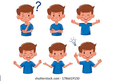 Kid boy with different emotions. Joy, sadness, anger,  funny, thinking, smile. Set. Isolated illustration on white background. Vector. Cartoon. Flat. Face expression