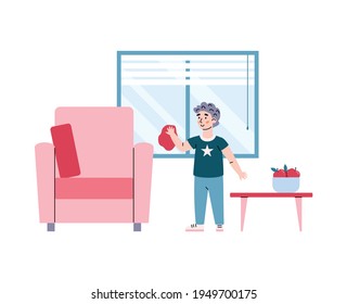 Kid boy doing daily housework chores in home, child clean window help to parents