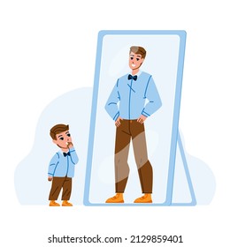 Kid Boy Dreaming For Be Adult Man In Mirror Vector. Child Looking At Mirror Reflection And Imagining For Be Businessman In Future. Character Preschooler Dream Flat Cartoon Illustration