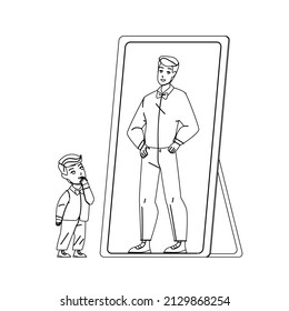 Kid Boy Dreaming For Be Adult Man In Mirror Black Line Pencil Drawing Vector  Child Looking At Mirror Reflection And Imagining For Be Businessman In Future  Character Preschooler Dream Illustration