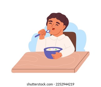 Kid boy eating porridge on breakfast. Small child enjoy muesli with milk meal before school. Morning routine for children concept. Cartoon flat vector illustration