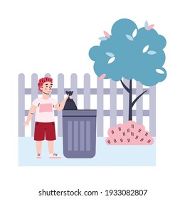 Niño se involucra en tareas domésticas arrojando bolsas de basura en contenedores de basura. Los niños ayudan a los padres con el hogar. Ilustración vectorial de caricatura plana aislada en fondo blanco.