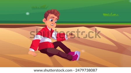 Kid boy explorer watching on ant insect vector. Grass in public park and sand summer landscape. Sunny day game environment for alone surprised casual child sitting in sandbox cartoon illustration