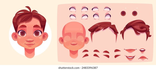 Kid boy face avatar construction kit with different emotion positions and shapes of eyes and eyebrows, lips and haircuts. Cartoon vector illustration set of male child facial expression parts.