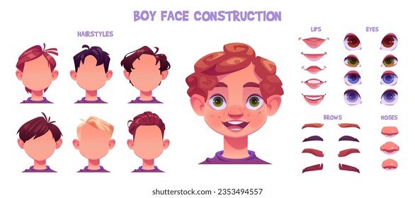 Kid boy face construction kit. Cartoon facial parts for creation child avatar with different noses, eyes and brows, hairstyles. Vector illustration of caucasian skin head elements for face generator.