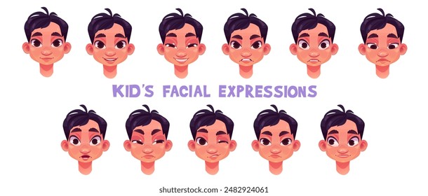 Kid boy face emotions kit. Cartoon vector illustration set of different male child facial expressions. Young guy happy smiling and sad, laughing and winking, surprised and upset. Human emoticon.