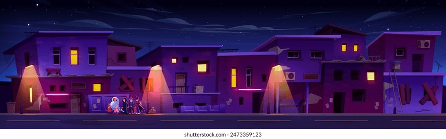 Kid boy friends in Halloween carnival costumes walking on city ghetto street at night. Cartoon vector dusk abandoned neighborhood cityscape with children dressed as ghost, death, bat and frankenstein.