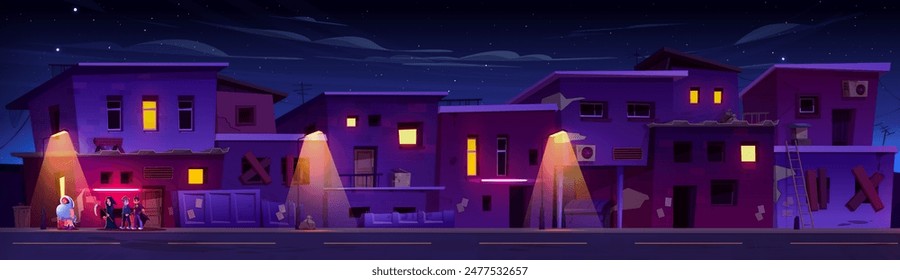 Kid boy friends in Halloween carnival costumes walking on city ghetto street at night. Cartoon vector dusk abandoned neighborhood cityscape with children dressed as ghost, death, bat and frankenstein.